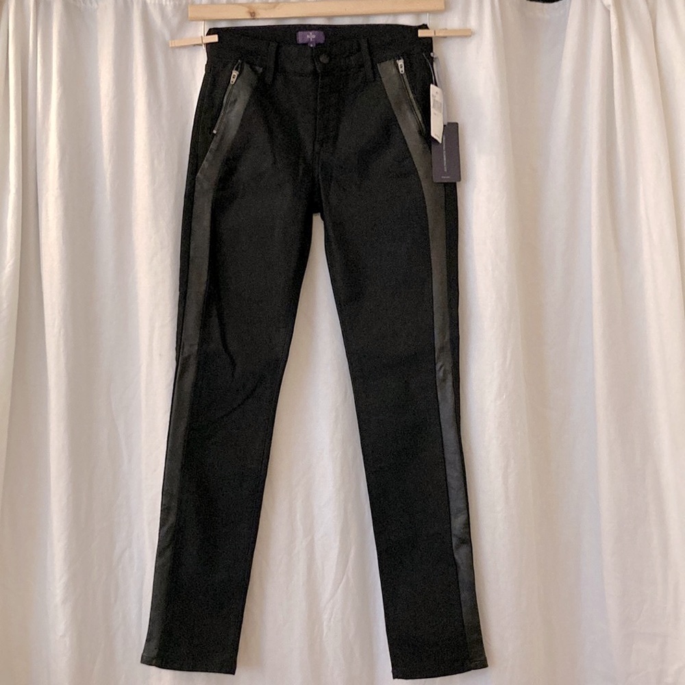 NYDJ Black faux leather tuxedo stripe trousers, Original Slimming style, size 0